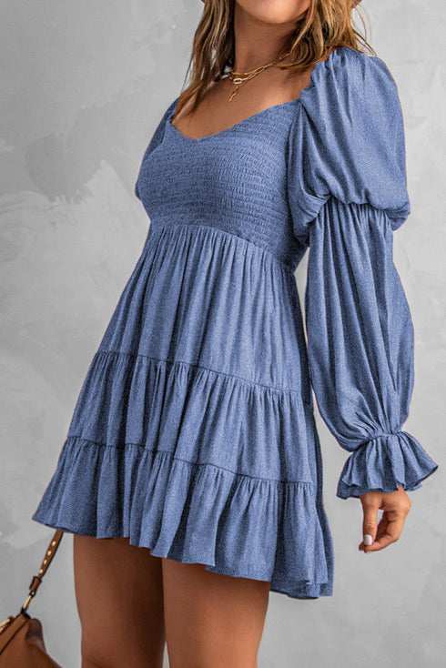 Boho Solid Shirred Ruffle Mini Dress